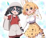  2girls :3 animal_ears backpack bag bare_shoulders black_gloves black_hair black_legwear blonde_hair blue_eyes blush bow bowtie cat_ears cat_girl cat_tail claw_pose commentary_request cowboy_shot elbow_gloves extra_ears eyebrows_visible_through_hair fang gloves grey_shorts hat_feather helmet high-waist_skirt highres holding holding_weapon kaban_(kemono_friends) kemono_friends looking_at_viewer multiple_girls open_mouth pantyhose pith_helmet print_bow print_bowtie print_gloves print_legwear print_skirt ransusan red_shirt serval_(kemono_friends) serval_print shirt short_hair short_sleeves shorts skirt sleeveless t-shirt tail thigh-highs weapon white_shirt yellow_eyes zettai_ryouiki 