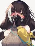  1girl bangs bare_shoulders blush breasts diieru embarrassed eyebrows_visible_through_hair gas_mask girls_frontline heterochromia highres large_breasts long_hair low_twintails mask mouth_mask multicolored_hair off_shoulder red_eyes ro635_(girls&#039;_frontline) solo streaked_hair twintails yellow_eyes 