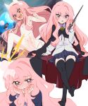  bolo_tie cape cat_ear_hairband collar flat_chest gabu_(az210309) garter_belt hair_ornament highres holding holding_wand kneehighs long_hair louise_francoise_le_blanc_de_la_valliere pink_eyes pink_hair shirt skirt tagme thigh-highs underwear wand white_shirt zero_no_tsukaima 