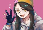  1girl absurdres animification beanie black_gloves bracelet brown_eyes brown_hair eyebrows_visible_through_hair glasses gloves grey_hoodie hat heart highres hood hoodie inu_(usuiyu) jewelry killjoy_(valorant) open_hand partially_fingerless_gloves pink_background smile solo valorant waving yellow_headwear 