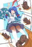  ! !! 1girl alternate_costume animal_ears banana_peel bloomers blue_hair blush boots cross-laced_footwear d: from_below highres lace-up_boots loafers long_hair low_twintails maid_headdress open_mouth pink_eyes rabbit_ears seiran_(touhou) shoes simple_background slipping solarisu solo touhou twintails underwear upskirt wa_maid wide_sleeves 