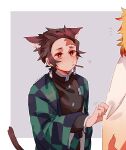  2boys absurdres animal_ears black_jacket blush border brown_hair cat_boy cat_ears cat_tail checkered_haori chinese_commentary clothes_pull commentary_request earrings food_in_mouth gakuran grey_background highres jacket jewelry kamado_tanjirou kemonomimi_mode kimetsu_no_yaiba long_sleeves male_focus mogutofuoes multiple_boys red_eyes rengoku_kyoujurou school_uniform short_hair simple_background solo_focus tail white_border 