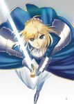  1girl ahoge artoria_pendragon_(all) blonde_hair blue_ribbon breasts cleavage_cutout clothing_cutout excalibur_(fate/stay_night) fate/grand_order fate/stay_night fate_(series) green_eyes hair_bun hair_ribbon holding holding_weapon juliet_sleeves long_sleeves medium_breasts mrpn_n puffy_sleeves ribbon saber solo sword weapon 