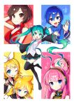  2boys 4girls :d ;) absurdres aqua_eyes aqua_hair blonde_hair blue_eyes blue_hair boots border breasts brother_and_sister brown_eyes brown_hair hatsune_miku highres kagamine_len kagamine_rin kaito_(vocaloid) large_breasts long_hair looking_at_viewer megurine_luka meiko miniskirt multiple_boys multiple_girls necktie offbeat one_eye_closed outstretched_arms pink_hair short_hair siblings skirt small_breasts smile takoluka thigh-highs thigh_boots twintails very_long_hair vocaloid waving white_border 