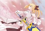  1girl artoria_pendragon_(all) avalon_(fate/stay_night) black_bow blonde_hair bow breastplate caliburn dress eyebrows_visible_through_hair fate/grand_order fate/unlimited_codes fate_(series) faulds floating_hair fush&igrave;_yi_mi_liu gauntlets green_eyes hair_between_eyes hair_bow hands_on_hilt highres long_hair looking_at_viewer outdoors petals ponytail saber_lily signature sleeveless sleeveless_dress solo standing sword weapon white_dress 