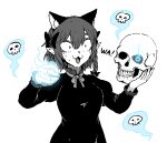  1girl :3 animal_ears bangs bow breasts cat_ears dress extra_ears fang formicid greyscale hair_bow holding holding_skull kaenbyou_rin long_sleeves medium_breasts medium_hair monochrome open_mouth pointy_ears ribbon sans simple_background skull touhou white_background 