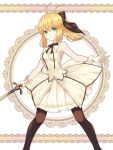  1girl artoria_pendragon_(all) black_bow blonde_hair bow breastplate caliburn dress eyebrows_visible_through_hair fate/grand_order fate/unlimited_codes fate_(series) faulds floating_hair gauntlets green_eyes hair_between_eyes hair_bow hands_on_hilt hazurin highres long_hair looking_at_viewer outdoors petals ponytail saber_lily signature sleeveless sleeveless_dress solo standing sword weapon white_dress 