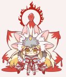  1girl animal_ear_fluff animal_ears bangs beast_iv:l blonde_hair blood blush chibi closed_mouth commentary_request crown dripping extra_ears eyebrows_visible_through_hair fate/grand_order fate_(series) fire fox_ears fox_girl fox_tail fur-trimmed_kimono fur_trim hair_between_eyes hair_ornament japanese_clothes kimono kitsune koyanskaya_(fate) long_hair looking_at_viewer red_ribbon ribbon riyo_(lyomsnpmp)_(style) rkp rope shimenawa sidelocks signature simple_background smile solo tail tamamo_(fate) very_long_hair white_background white_kimono yellow_eyes 