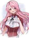  1girl aiguillette armpit_cutout breasts clothing_cutout corset gloves highres kantai_collection large_breasts long_hair luigi_di_savoia_duca_degli_abruzzi_(kancolle) one-hour_drawing_challenge open_mouth picoli1313 pink_eyes pink_hair red_shirt shirt simple_background solo white_background white_gloves 