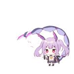  1girl afterimage arknights bangs black_footwear black_jacket black_shorts chibi eyebrows_visible_through_hair flying_sweatdrops fur-trimmed_jacket fur_trim hair_ornament hairclip head_wings jacket long_hair long_sleeves manticore_(arknights) open_clothes open_jacket pink_wings punching purple_hair red_eyes scorpion_tail shirt shoes short_shorts shorts sidelocks simple_background solo standing tail toufu_mentaru_zabuton twintails very_long_hair white_background white_shirt wide_sleeves wings 