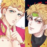  2boys black_background blonde_hair braid braided_ponytail dio_brando earrings father_and_son finger_to_mouth giorno_giovanna green_eyes headband highres jacket jewelry jojo_no_kimyou_na_bouken kogatarou lips long_hair looking_at_viewer male_focus multiple_boys petals pink_jacket red_eyes short_hair shushing stardust_crusaders two-tone_background vampire vento_aureo white_background wing_ornament yellow_jacket 