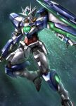  00_qan[t] blade commentary_request flying glowing glowing_eyes green_eyes gundam gundam_00 gundam_00_a_wakening_of_the_trailblazer highres light_particles mecha mobile_suit nasaniliu no_humans science_fiction shield solo sword v-fin weapon 