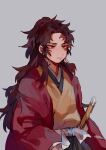  1boy absurdres alternate_hair_length alternate_hairstyle brown_hair chinese_commentary closed_mouth coat commentary_request earrings grey_background haori highres japanese_clothes jewelry kamado_tanjirou katana kimetsu_no_yaiba kimono long_hair male_focus mogutofuoes red_coat red_eyes scar scar_on_face simple_background solo sword upper_body weapon yellow_kimono 