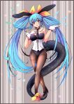  1girl animal_ears bangs bare_shoulders black_bow black_necktie blue_hair bow breasts dizzy_(guilty_gear) fake_animal_ears gloves guilty_gear guilty_gear_xrd hair_ribbon hair_rings hand_on_own_chest heart high_heels highres iguana_henshuu-chou large_breasts long_hair monster_girl necktie open_mouth pantyhose playboy_bunny rabbit_ears red_eyes ribbon solo tail tail_ornament tail_ribbon thigh-highs twintails white_gloves wrist_cuffs yellow_ribbon 
