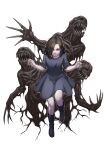 1girl black_dress black_footwear black_hair child claws dress eveline female_child full_body hair_over_one_eye highres medium_hair molded monster no_eyes resident_evil resident_evil_7 sharp_teeth shigumo_(shigeru) short_sleeves smile teeth