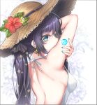 1girl absurdres alternate_costume arm_up backless_swimsuit bare_arms bare_shoulders black_hair blue_eyes blue_nails blush breasts brown_headwear casual_one-piece_swimsuit flower from_behind genshin_impact hat hat_flower hat_ornament hibiscus highres long_hair looking_at_viewer looking_back mona_(genshin_impact) nahanmin nail_polish one-piece_swimsuit red_flower sideboob solo straw_hat swimsuit twintails upper_body vision_(genshin_impact) white_background white_swimsuit 