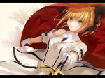  1girl artoria_pendragon_(all) black_bow blonde_hair bow breastplate dress eyebrows_visible_through_hair fate/grand_order fate/unlimited_codes fate_(series) faulds feng_chui_l&igrave;zi_l&igrave; floating_hair gauntlets green_eyes hair_between_eyes hair_bow hands_on_hilt highres long_hair looking_at_viewer outdoors petals ponytail saber_lily signature sleeveless sleeveless_dress solo standing white_dress 