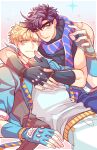  2boys akiae_(hayj14) battle_tendency blonde_hair blue_eyes blue_jacket caesar_anthonio_zeppeli facial_mark feather_hair_ornament feathers fingerless_gloves gloves green_eyes hair_ornament headband headwear_removed jacket jojo_no_kimyou_na_bouken joseph_joestar joseph_joestar_(young) male_focus multiple_boys one_eye_closed purple_hair scarf striped striped_scarf triangle_print 