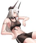  1girl =3 arknights bangs bare_arms bare_shoulders black_choker black_shorts breasts choker commentary cowboy_shot crop_top groin horns large_breasts long_hair midriff mudrock_(arknights) naixorth navel oripathy_lesion_(arknights) pointy_ears red_eyes sarashi short_shorts shorts silver_hair simple_background solo sports_bra stomach thighs white_background 