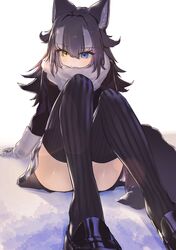  1girl animal_ears black_footwear black_hair black_jacket black_legwear blue_eyes commentary_request eyebrows_visible_through_hair fur_collar gloves grey_hair grey_skirt grey_wolf_(kemono_friends) heterochromia highres jacket kemono_friends kyuten_m27r loafers long_hair long_sleeves looking_at_viewer multicolored_hair plaid plaid_skirt pleated_skirt shoes sitting skirt sleeve_cuffs solo striped striped_legwear tail thigh-highs white_fur white_gloves white_hair wolf_ears wolf_girl wolf_tail yellow_eyes zettai_ryouiki 