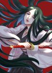  1girl black_hair bleach blue_eyes breasts haori holding holding_sword holding_weapon japanese_clothes katana long_hair looking_at_viewer open_mouth red_background scar scar_on_chest solo soraao0322 sword taichou_haori unohana_retsu very_long_hair weapon zanpakutou 