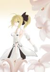  1girl artoria_pendragon_(all) black_bow blonde_hair bow breastplate cupnooooo dress eyebrows_visible_through_hair fate/grand_order fate/unlimited_codes fate_(series) faulds floating_hair gauntlets green_eyes hair_between_eyes hair_bow hands_on_hilt highres long_hair looking_at_viewer outdoors petals ponytail saber_lily signature sleeveless sleeveless_dress solo standing white_dress 