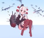  1girl amatsukaze_(kancolle) ass brown_eyes eyebrows_visible_through_hair fang full_body garter_straps gloves grey_hair jagd kantai_collection long_hair long_sleeves looking_at_viewer red_legwear single_glove solo thigh-highs white_gloves 