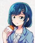  1girl absurdres artist_name blue_eyes blue_hair blue_jacket chewing closed_mouth delicious_party_precure dungeon_toaster eyebrows_visible_through_hair food food_on_face fuwa_kokone grey_background hair_ornament hairclip highres holding holding_food jacket looking_at_viewer precure shirt short_hair smile solo upper_body white_shirt 