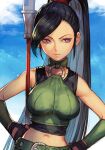  1girl black_hair blue_sky breasts choker clouds cloudy_sky crop_top dragon_quest dragon_quest_xi green_belt green_choker hand_on_hip hankuri high_ponytail holding holding_polearm holding_weapon looking_at_viewer looking_to_the_side martina_(dq11) navel open_mouth polearm ponytail sky solo spear violet_eyes weapon 