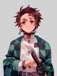 1boy absurdres belt belt_buckle brown_hair buckle checkered_haori chinese_commentary closed_mouth commentary_request earrings grey_background highres jacket jewelry kamado_tanjirou katana kimetsu_no_yaiba looking_at_viewer male_focus mogutofuoes ready_to_draw red_eyes scar scar_on_face scar_on_forehead short_hair simple_background smile solo sword symbol-shaped_pupils upper_body weapon white_jacket 