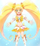  1girl :d absurdres blonde_hair blue_background boots bow brooch choker crop_top cure_sunshine earrings flower hair_bow hair_flower hair_ornament heart_brooch heartcatch_precure! highres jewelry knee_boots light_particles long_hair looking_at_viewer magical_girl midriff myoudouin_itsuki navel open_mouth orange_bow orange_choker orange_skirt outstretched_arms precure puffy_sleeves ribbon_choker rii_(rii0_02) shiny shiny_hair skirt smile solo spread_arms twintails white_footwear wrist_cuffs yellow_bow yellow_eyes 
