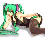  1girl arm_support armpits at2. blush breasts frills green_eyes green_hair hair_ornament hatsune_miku highres licking long_hair looking_at_viewer lying medium_breasts nail_polish on_side sideboob skirt solo thigh-highs twintails vocaloid white_background zettai_ryouiki 