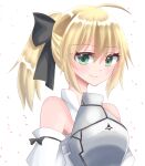  1girl artoria_pendragon_(all) black_bow blonde_hair bow breastplate dress eyebrows_visible_through_hair fate/grand_order fate/unlimited_codes fate_(series) faulds floating_hair fumi_illust gauntlets green_eyes hair_between_eyes hair_bow hands_on_hilt highres long_hair looking_at_viewer outdoors petals ponytail saber_lily signature sleeveless sleeveless_dress solo standing white_dress 