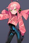  1girl absurdres ahoge black_bodysuit bodysuit bodysuit_under_clothes crop_top fang green_eyes grey_background highres hood hoodie latex latex_bodysuit looking_at_viewer low_twintails original pink_hair pink_shirt saaal653 shiny shiny_clothes shirt skin_fang skin_tight solo twintails 