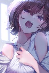  1girl bangs bare_shoulders brown_hair hair_ornament hairclip highres higuchi_madoka idolmaster idolmaster_shiny_colors jewelry looking_at_viewer mole mole_under_eye necklace off_shoulder open_mouth shirt short_hair solo swept_bangs tank_top tktk-tnk upper_body violet_eyes white_shirt 