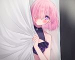  1girl bikini black_bikini blush closed_mouth curtain_grab curtains fate/grand_order fate_(series) frown hair_over_one_eye harukappa leaning_to_the_side looking_at_viewer mash_kyrielight medium_hair pink_hair shiny shiny_hair solo straight_hair sweatdrop swimsuit upper_body violet_eyes 