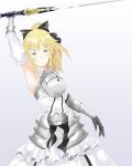  1girl artoria_pendragon_(all) aruao black_bow blonde_hair bow breastplate caliburn dress eyebrows_visible_through_hair fate/grand_order fate/unlimited_codes fate_(series) faulds floating_hair gauntlets green_eyes hair_between_eyes hair_bow hands_on_hilt highres long_hair looking_at_viewer outdoors petals ponytail saber_lily signature sleeveless sleeveless_dress solo standing sword weapon white_dress 
