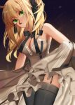  1girl artoria_pendragon_(all) black_bow blonde_hair bow breastplate dress eyebrows_visible_through_hair fate/grand_order fate/unlimited_codes fate_(series) faulds floating_hair gauntlets green_eyes hair_between_eyes hair_bow hands_on_hilt highres long_hair looking_at_viewer outdoors petals ponytail rienee saber_lily signature sleeveless sleeveless_dress solo standing white_dress 