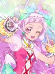 1girl ;d back_bow bow clover_earrings crossover cure_yell cure_yell_(cheerful_style) detached_collar double_bun eyelashes green_background hair_bow hair_ornament heart heart_hair_ornament holding hugtto!_precure kamen_rider kamen_rider_zi-o_(series) long_hair looking_at_viewer magical_girl multicolored_bow nono_hana one_eye_closed open_mouth pink_eyes pink_hair precure puffy_sleeves see-through_sleeves smile solo sparkle thick_eyelashes tj-type1 upper_body veil white_bow wrist_cuffs