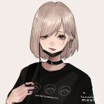  1girl biting black_eyes black_shirt blonde_hair choker ear_piercing earrings highres jewelry lip_biting mano_aaa necklace original pale_skin piercing pink_hair ring shirt 