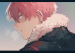  1boy blue_eyes boku_no_hero_academia breath close-up ear_piercing from_behind fur-trimmed_jacket fur_trim glint jacket letterboxed looking_at_viewer looking_back male_focus multicolored_hair multiple_piercings piercing profile redhead saboten_33 solo todoroki_shouto twitter_username two-tone_hair white_hair 