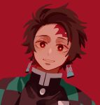  1boy absurdres black_jacket brown_hair checkered_haori commentary earrings highres jacket jewelry kamado_tanjirou kimetsu_no_yaiba looking_at_viewer male_focus mogutofuoes no_lineart parted_lips red_background red_eyes scar scar_on_face scar_on_forehead short_hair simple_background solo upper_body 
