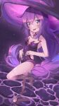  1girl alchemilla_menace barefoot black_choker blush braid breasts choker collarbone cyberlive hat head_tilt highres leotard long_hair looking_at_viewer purple_hair purple_headwear purple_leotard renpc small_breasts solo tongue tongue_out very_long_hair violet_eyes virtual_youtuber water witch witch_hat 