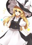  1girl absurdres ahoge ameria_(artist) apron back_bow black_headwear black_skirt black_vest blonde_hair bow braid buttons collared_shirt commentary_request eyebrows_visible_through_hair frilled_apron frilled_hat frills gesture happy hat hat_bow highres holding holding_clothes holding_skirt kirisame_marisa long_sleeves open_mouth puffy_short_sleeves puffy_sleeves shirt short_sleeves side_braid simple_background single_braid skirt star_(symbol) touhou v vest waist_apron white_apron white_background white_bow white_shirt witch_hat yellow_eyes 
