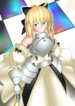  1girl artoria_pendragon_(all) black_bow blonde_hair bow breastplate dress eyebrows_visible_through_hair fate/grand_order fate/unlimited_codes fate_(series) faulds floating_hair gauntlets green_eyes hair_between_eyes hair_bow hands_on_hilt highres long_hair looking_at_viewer nekotoinukana outdoors petals ponytail saber_lily signature sleeveless sleeveless_dress solo standing white_dress 