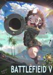  1girl battlefield_v black_eyes black_hair boots braid child clouds copyright_name dated day full_body green_jacket hachimaki headband heart highres holding holding_weapon imperial_japanese_army jacket jumping kezhou long_sleeves lunge_mine medium_hair military_jacket mountain no_pants open_mouth outdoors palm_tree pouch round_teeth short_hair shouting side_braid signature sky solo tears teeth translation_request tree typo weapon 