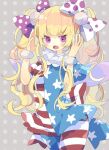  1girl alternate_hairstyle american_flag_dress american_flag_pants back_bow bangs blonde_hair blue_dress blue_pants blush bow breasts clownpiece dress eyebrows_visible_through_hair fairy_wings grey_background hair_bow hands_up highres long_hair looking_at_viewer multicolored_clothes multicolored_dress multicolored_pants neck_ruff nikorashi-ka no_hat no_headwear open_mouth pants polka_dot polka_dot_bow pom_pom_(clothes) purple_bow red_bow red_dress red_pants sharp_teeth short_sleeves small_breasts solo standing star_(symbol) star_print starry_background striped striped_bow striped_dress striped_pants teeth tongue touhou twintails violet_eyes white_bow white_dress white_pants wings wrist_cuffs 