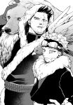  2boys animal_on_shoulder bear beard belt bird bird_on_shoulder boku_no_hero_academia burn_scar eagle earrings endeavor_(boku_no_hero_academia) eyewear_on_headwear facial_hair facial_mark feathered_wings fur-trimmed_jacket fur_collar fur_trim gloves goatee greyscale hand_on_another&#039;s_head hawk hawks_(boku_no_hero_academia) head_on_another&#039;s_shoulder headband height_difference jacket jewelry looking_at_viewer male_focus monochrome multiple_boys mustache scar scar_across_eye scar_on_cheek scar_on_face scar_on_mouth shaku_po short_hair sideburns size_difference spiky_hair stud_earrings very_short_hair wings winter_clothes 