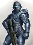  1boy battle_rifle br55 bullpup clenched_hand cowboy_shot grey_background gun halo_(series) halo_5:_guardians hdfm highres holding holding_gun holding_weapon jameson_locke looking_ahead male_focus power_armor rifle science_fiction solo spartan_(halo) visor weapon 