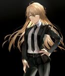  1girl absurdres alternate_costume belt black_background collared_shirt commission cowboy_shot dress_shirt expressionless formal girls_frontline hand_on_hip highres hitotsuyama_jitan light_brown_hair long_hair looking_at_viewer necktie ppk_(girls&#039;_frontline) shirt shirt_tucked_in skeb_commission solo suit very_long_hair yellow_eyes 